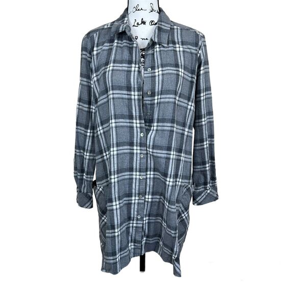Zara  gray plaid tunic top button up collar flannel long sleeve academia size L - Picture 1 of 16